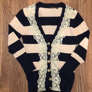 Stripe Cardigan with Lace and Gold Buttons